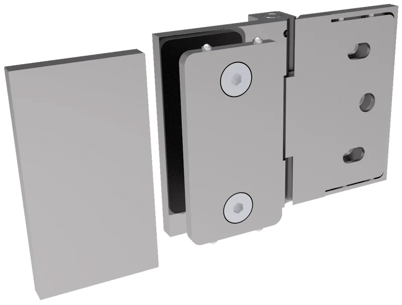 COMO Anschlagband 180° Glas-Wand – Messing massiv, 8/10 mm ESG, verdeckte Verschraubung, eckiges Design, Art.Nr. COM054