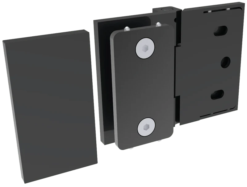 COMO Anschlagband 180° Glas-Wand – Messing massiv, 8/10 mm ESG, verdeckte Verschraubung, eckiges Design, Art.Nr. COM054