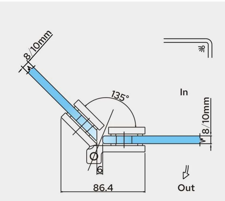 COMO Anschlagband 135° Glas-Glas – Messing massiv, 8/10 mm ESG, verdeckte Verschraubung, eckiges Design, Art.Nr. COM045
