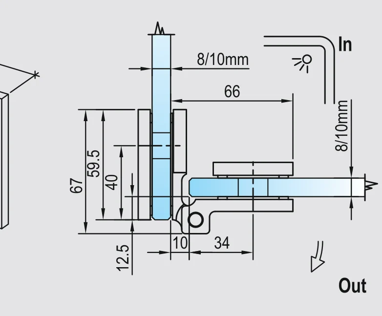 COMO Anschlagband 90° Glas-Glas nach außen öffnend – Messing massiv, 8/10 mm ESG, verdeckte Verschraubung, Art.Nr. COM092A