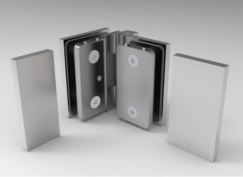 COMO Anschlagband 90° Glas-Glas nach außen öffnend – Messing massiv, 8/10 mm ESG, verdeckte Verschraubung, Art.Nr. COM092A