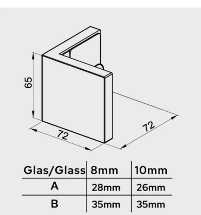 MURELLO Glasverbinder 90° Glas-Glas, flächenbündig, in 3 Oberflächen, Art.Nr. MUR090