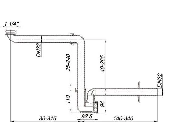 Raumspar-Waschtisch-Siphon Art.Nr. DALLRRS, 1 1/4 Zoll x DN 32, herausziehbarer Reinigungseinsatz, PP weiß