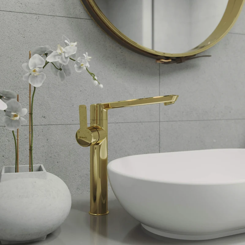 DEANTE Arnika Waschtischarmatur hoch mit seitlichem Hebel // Gold // BQA-Z20K