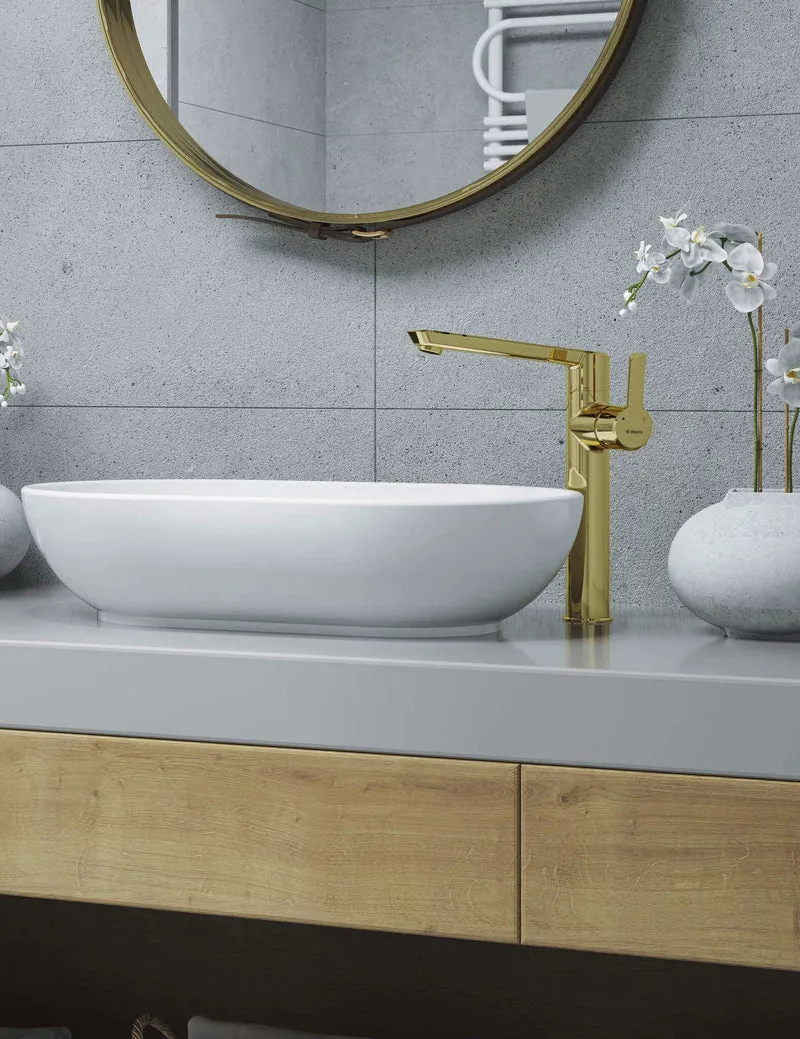 DEANTE Arnika Waschtischarmatur hoch mit seitlichem Hebel // Gold // BQA-Z20K