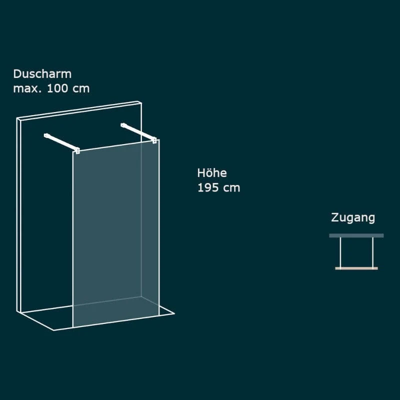 Walk In Duschwand MANACOR freistehend mit zwei Stabilisationsbügeln schwarz - Glas 8mm