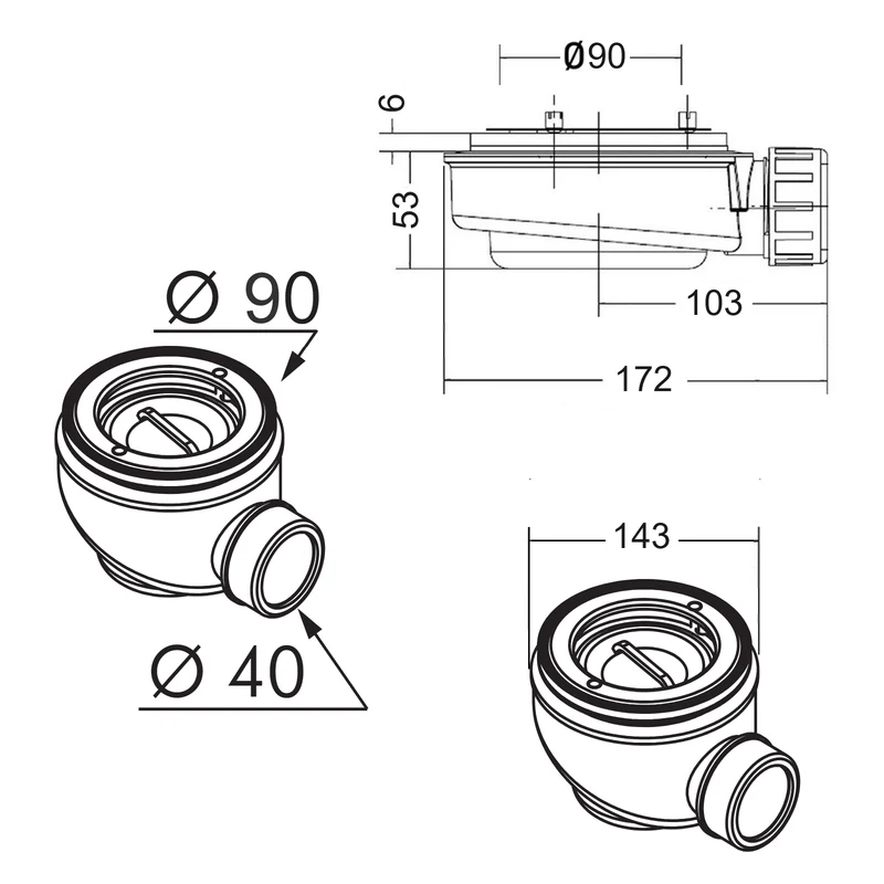 Ablaufventil, extra flach, horizontal, Sanycces Ø90 mm, Höhe 53 mm für Duschwannen