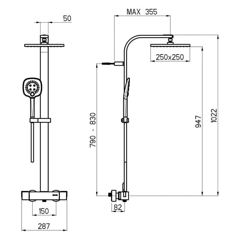 STUROTEC Eco-Line 6 l/min Duschsystem eckig mit Thermostatarmatur und Kopfbrause 25 cm