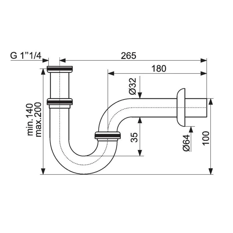 Siphon, verchromtes Messing, für Retro-Waschtische, ABBOTT
