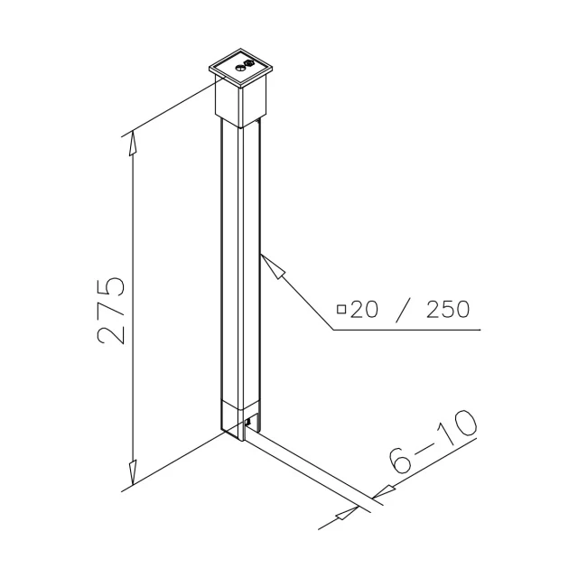 Stabistangen-Set – Vierkant 20x20 mm V2A, Glas-Decke vertikal, Art.Nr. 6415