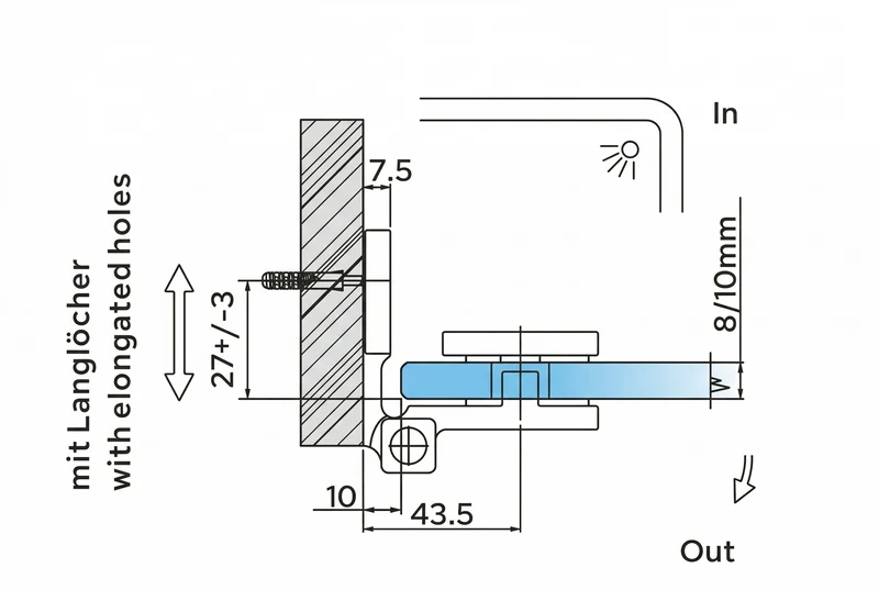 COMO Anschlagband 90° Glas-Wand – Messing massiv, 8/10 mm ESG, verdeckte Verschraubung, eckiges Design, Art.Nr. COM044