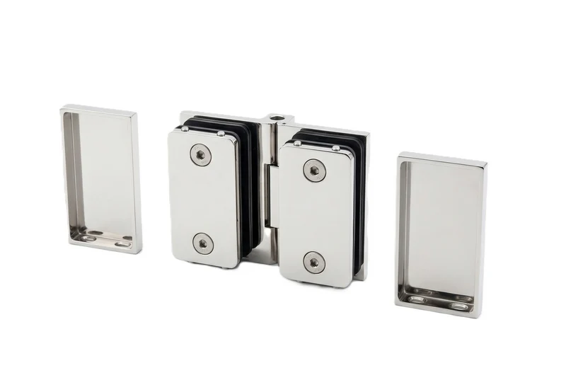 COMO Anschlagband 180° Glas-Glas – Messing massiv, 8/10 mm ESG, verdeckte Verschraubung, eckiges Design, Art.Nr. COM180