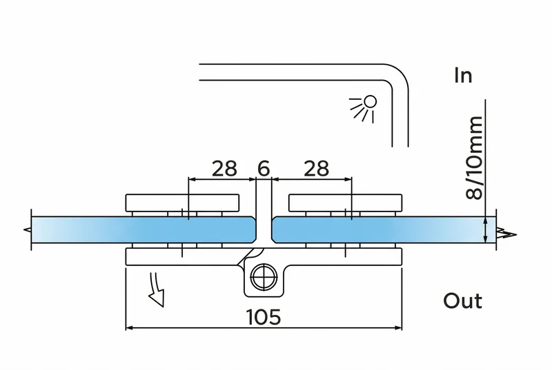 COMO Anschlagband 180° Glas-Glas – Messing massiv, 8/10 mm ESG, verdeckte Verschraubung, eckiges Design, Art.Nr. COM180