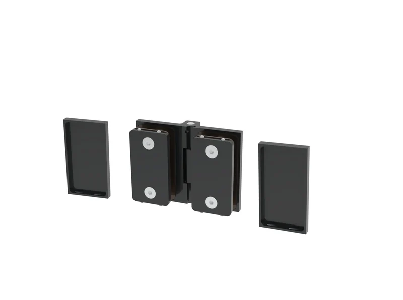 COMO Anschlagband 180° Glas-Glas – Messing massiv, 8/10 mm ESG, verdeckte Verschraubung, eckiges Design, Art.Nr. COM180