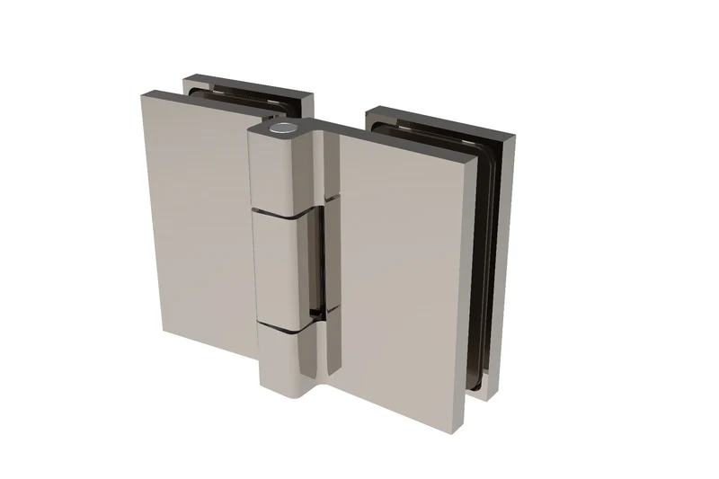 COMO Anschlagband 180° Glas-Glas – Messing massiv, 8/10 mm ESG, verdeckte Verschraubung, eckiges Design, Art.Nr. COM180
