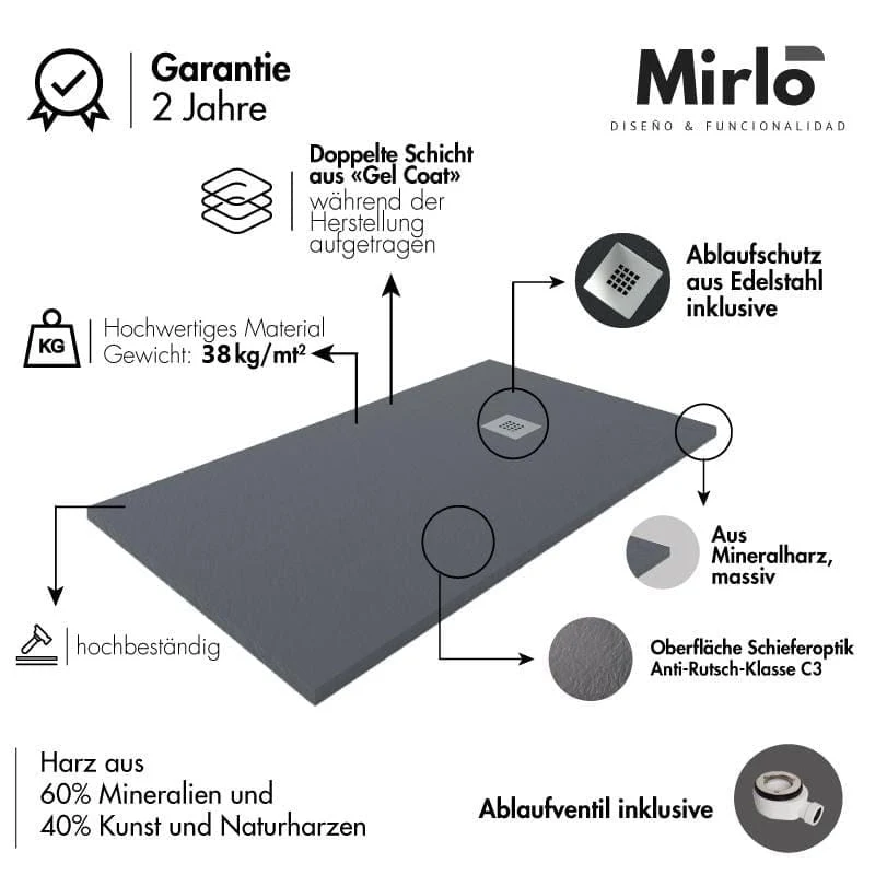 Mineralguss-Duschwanne extra flach LUX, Schieferoptik, grau