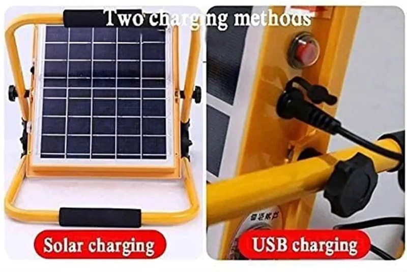 Heavy-Duty 50W Solar Rechargeable LED Floodlight With Strobe And Red Blue Emergency Warning Lights Rugged Waterproof Work Lamp For Outdoor Security Tailgate Camping And Pro Job Sites Beast Mode Lighting
