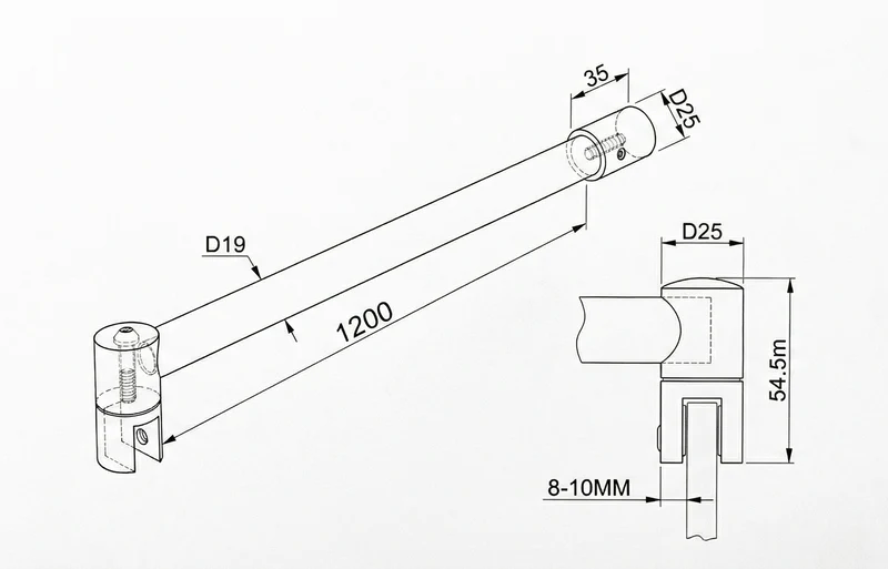 Stabistangen-Set, Edelstahl Ø 19 mm, Glas-Wand 90°, 1000/1200 mm, 8–10 mm Glas, Art.Nr. SE1910SET/SE1912SET