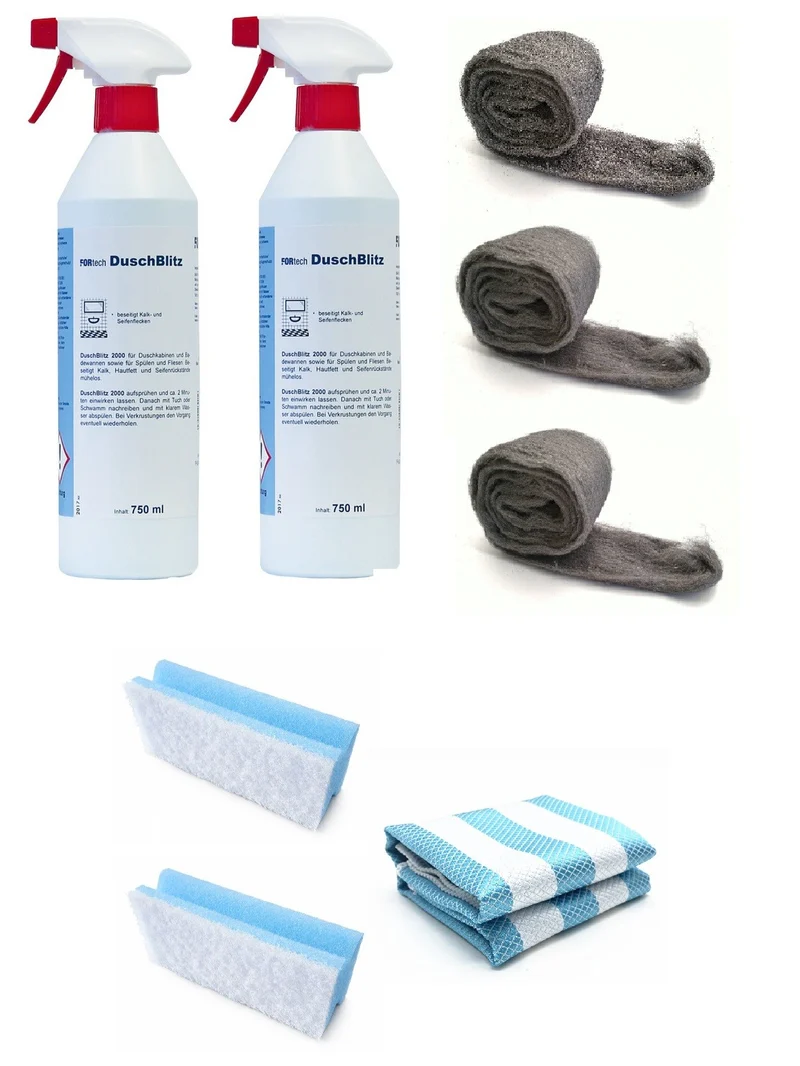 Profi-Plus-Set Duschglas-Reinigung – 2x DuschBlitz, Stahlwolle, Schwämme und Tücher, Art.Nr. 951809