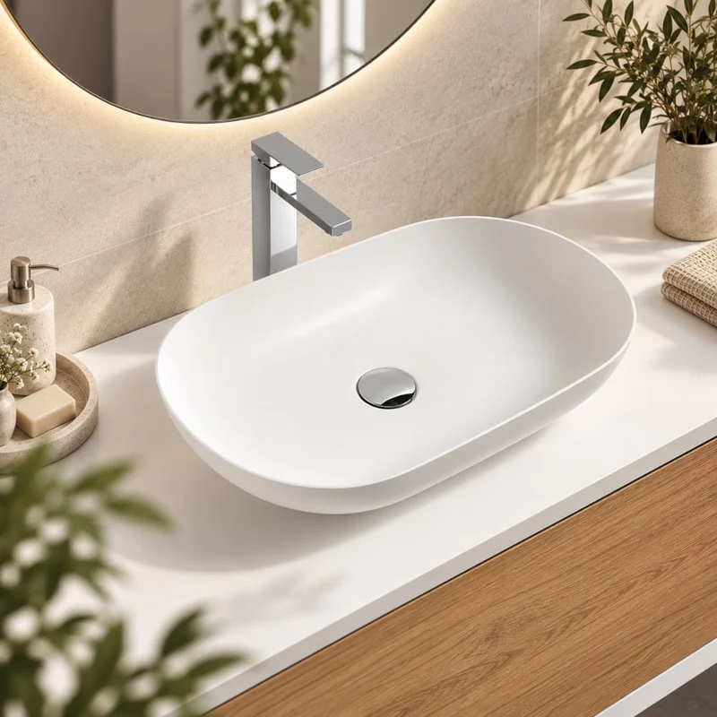 Aufsatzwaschbecken aus Gussmarmor, oval, PALIO mattweiß