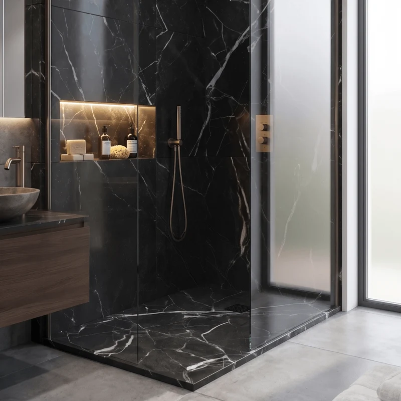 Mineralguss-Duschwanne extra flach DEKOR MARQUINA, schwarzes Marmor