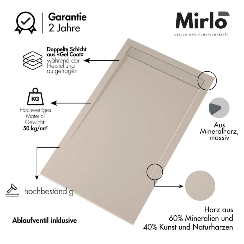 Mineralguss-Duschwanne extra flach CLEVER, Schieferoptik, BEIGE