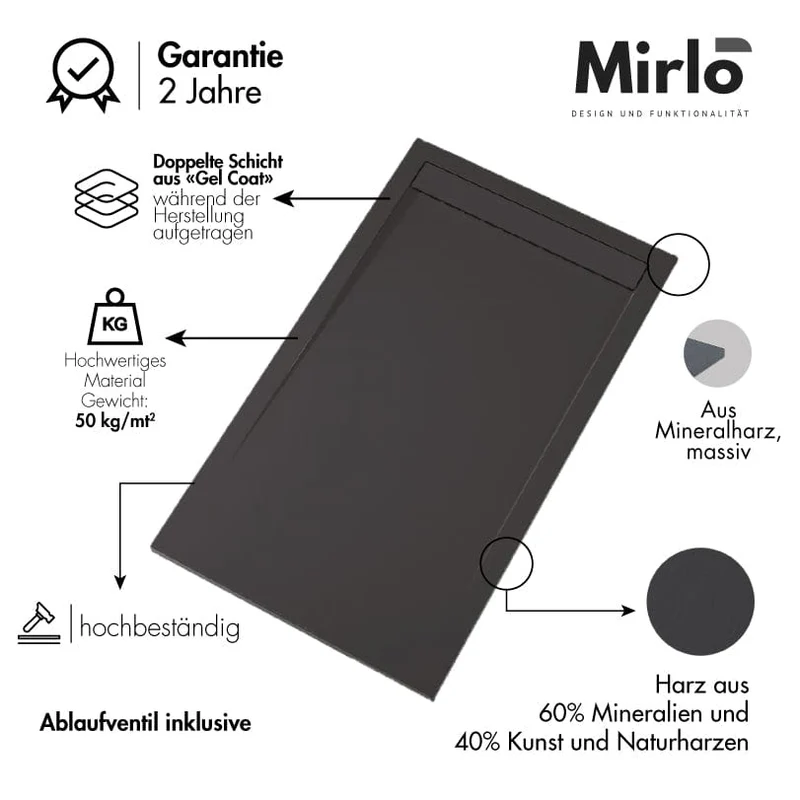 Mineralguss-Duschwanne extra flach CLEVER, Schieferoptik, ANTHRAZIT