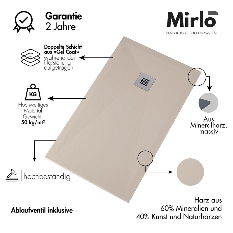 Mineralguss-Duschwanne extra flach ONDA, Schieferoptik, SAND