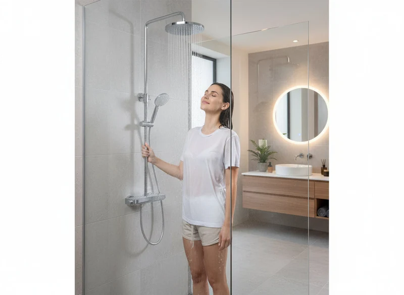 Brause-Set mit Thermostat-Mischbatterie – XXL-Regenbrause Ø 250 mm, 3-fach Handbrause, Glasablage – Schwarz matt oder Chrom