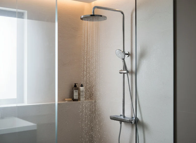 Brause-Set mit Thermostat-Mischbatterie – XXL-Regenbrause Ø 250 mm, 3-fach Handbrause, Glasablage – Schwarz matt oder Chrom