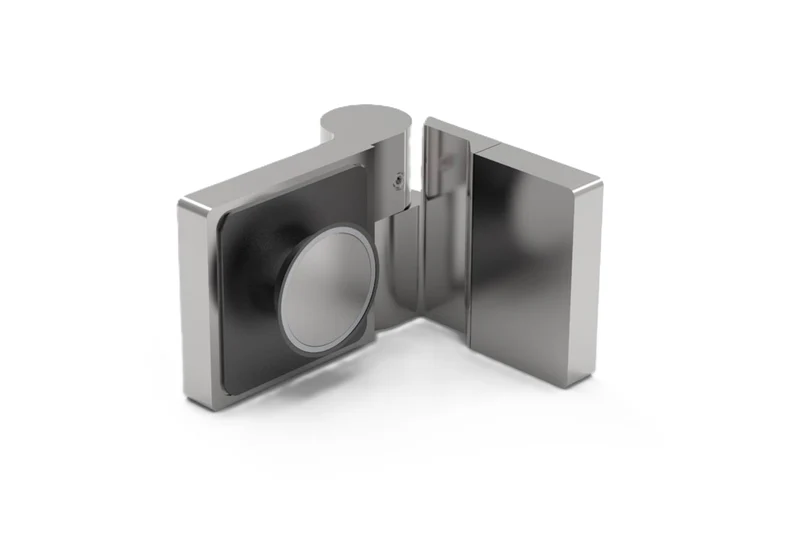 Lugano Scharnier Glas-Wand 90° Hebe-Senk, flächenbündig, Massivmessing, 8/10 mm ESG, Art.Nr. LUG044