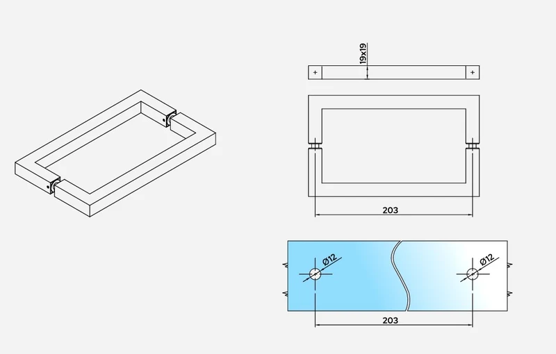 Stangengriff eckig 19×19 mm, 203 mm Lochabstand, 11 Oberflächen, Art.Nr. BELSQ8X8
