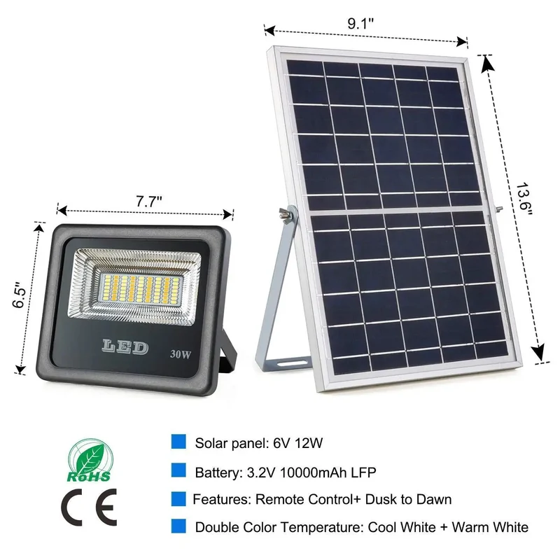 Built Tough 30W LED Solar Flood Lights With Remote Smart Motion Sensor Dual Color Temperature IP66 Weatherproof Outdoor Security Lighting No Fuss Power Storage