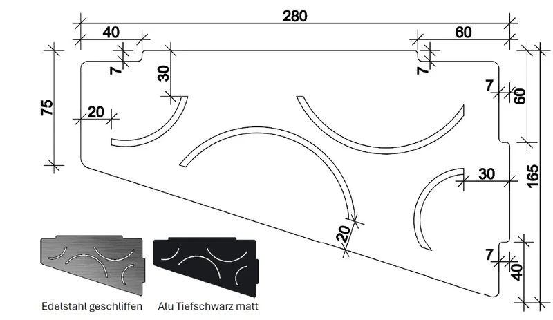 Duschablage Typ Deluxe 280 x 165 mm – Für Einarbeitung in Fliesenfugen, rostfrei