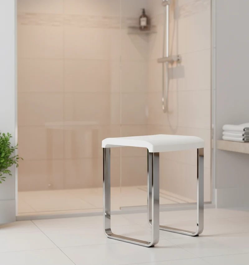 Smedbo LIVING Duschhocker – Aluminium verchromt, 48 cm Sitzhöhe, bis 150 kg, Weiß oder Grau, Art.Nr. FK406 / FK416