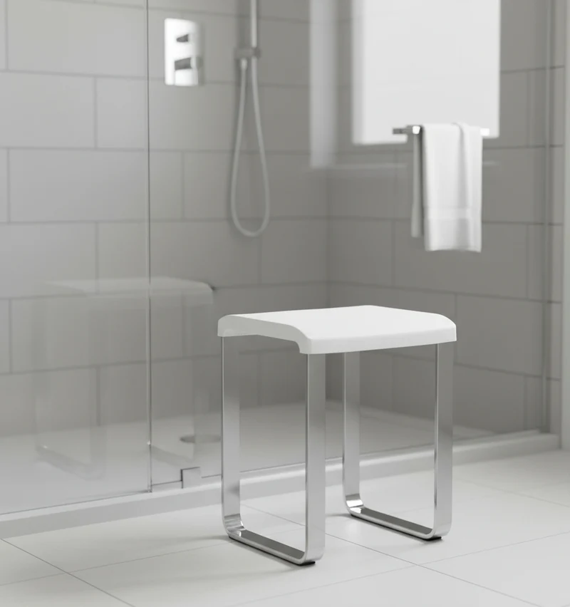 Smedbo LIVING Duschhocker – Aluminium verchromt, 48 cm Sitzhöhe, bis 150 kg, Weiß oder Grau, Art.Nr. FK406 / FK416