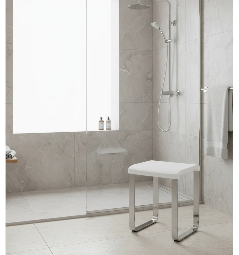 Smedbo LIVING Duschhocker – Aluminium verchromt, 48 cm Sitzhöhe, bis 150 kg, Weiß oder Grau, Art.Nr. FK406 / FK416
