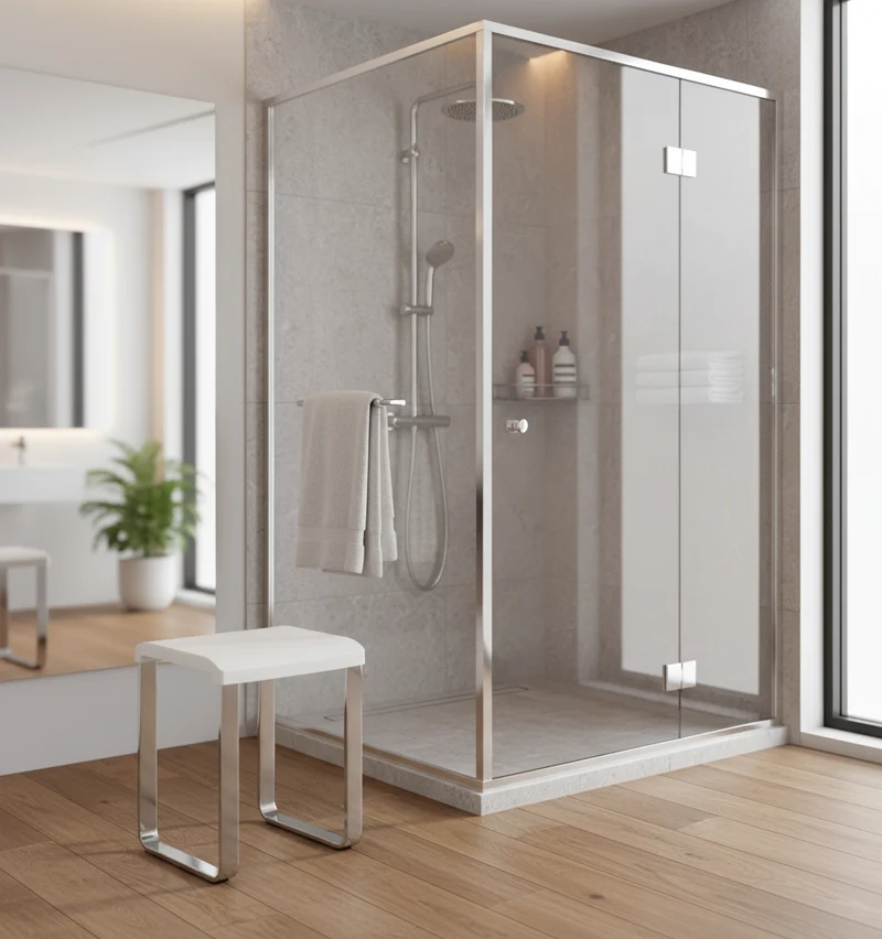 Smedbo LIVING Duschhocker – Aluminium verchromt, 48 cm Sitzhöhe, bis 150 kg, Weiß oder Grau, Art.Nr. FK406 / FK416