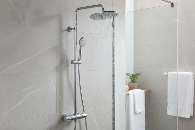 Vigour V1 Duschsystem mit Thermostat, 250 mm Regenkopfbrause und 5-fach Handbrause, Aufputz verchromt, Art.Nr. V12DS250R
