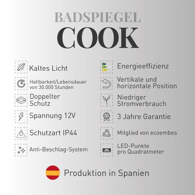 Badspiegel COOK mit integriertem LED-Licht und Touch-Funktion