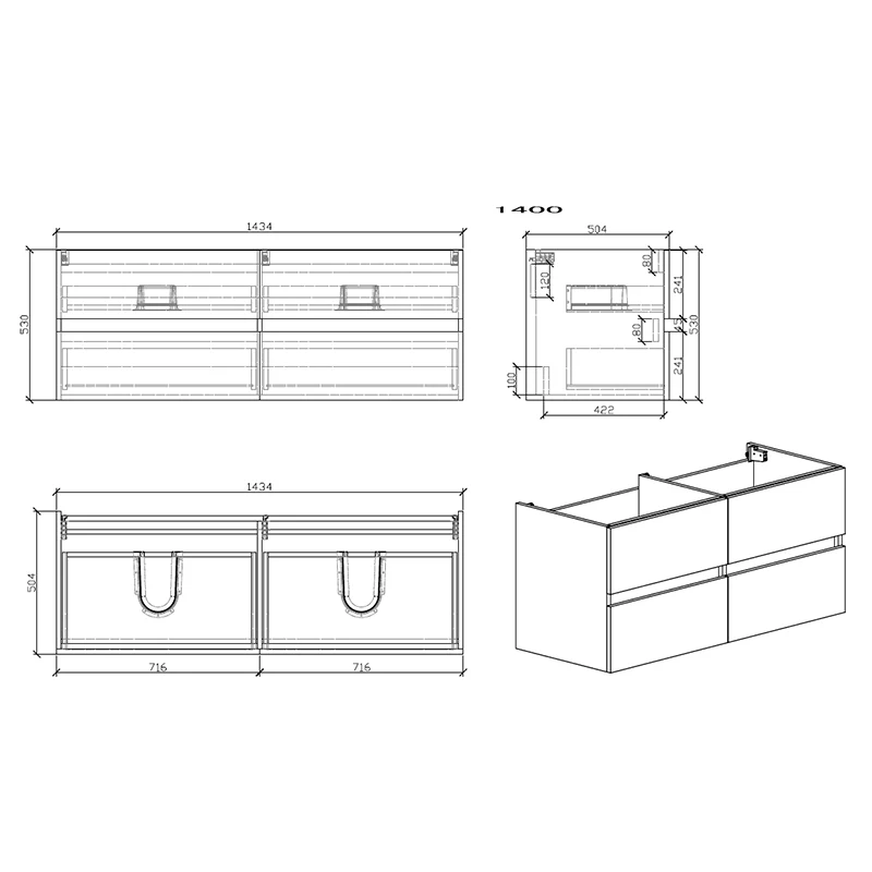 Doppelwaschtisch + Unterschrank 144cm, montiert, Eiche hell, SIENA