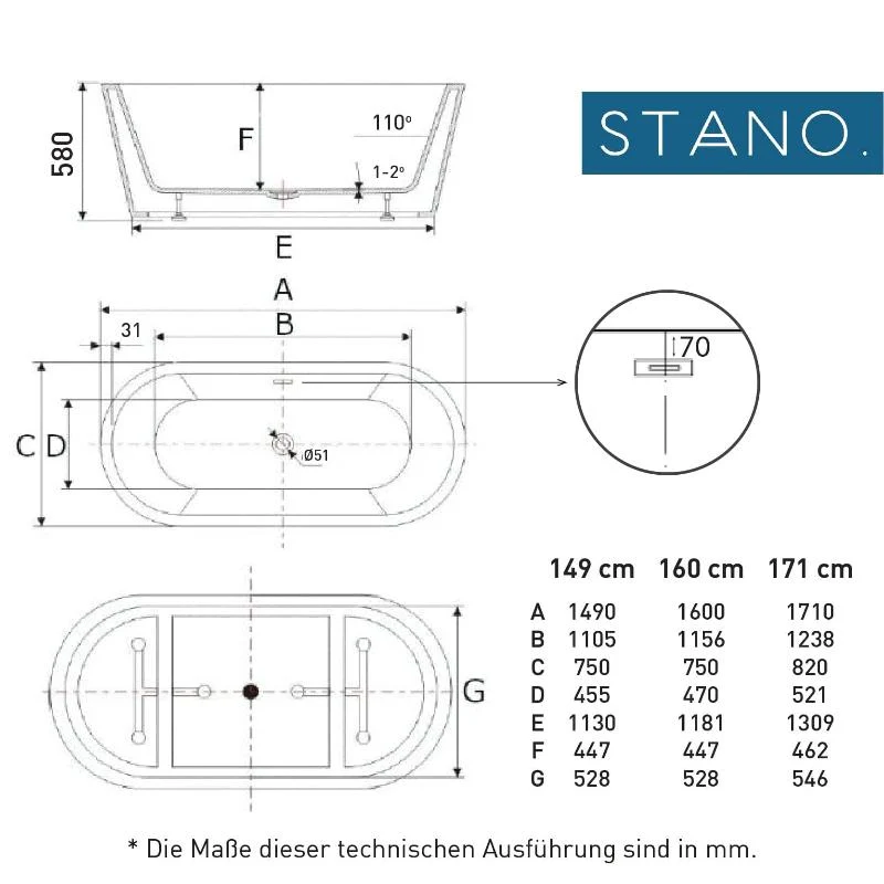 Freistehende Badewanne FINDLAY Anti-Slide