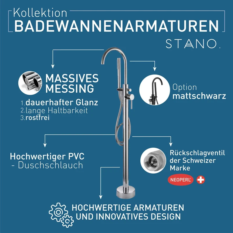 Freistehende Wannenarmatur, Wasserfall, Einhebelmischer, TANO