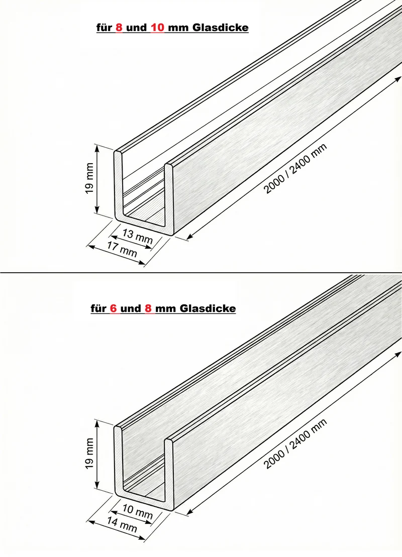 Alu U-Profil – Silikonverklebung Glasscheibe, 14 Farben, Art.Nr. SDCD3812