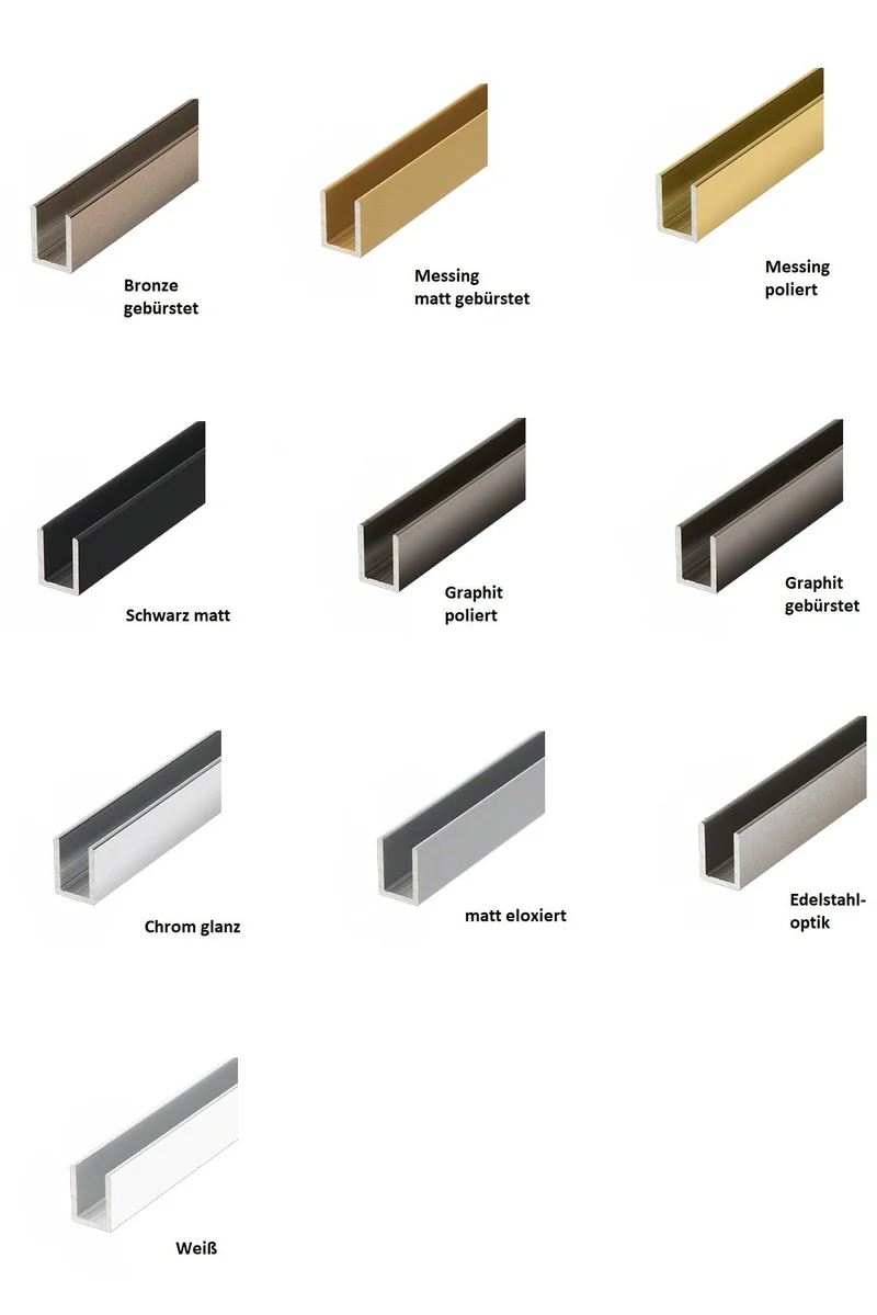 Alu U-Profil – Silikonverklebung Glasscheibe, 14 Farben, Art.Nr. SDCD3812