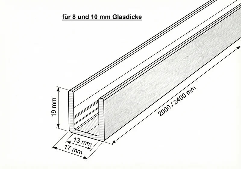Alu U-Profil – Silikonverklebung Glasscheibe, 14 Farben, Art.Nr. SDCD3812