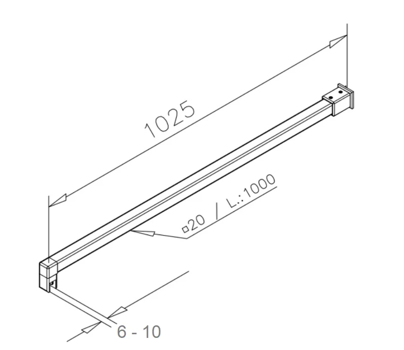 Stabistangen-Set – eckig 20x20 mm, Glas-Wand 90°, kürzbar, Art.Nr. 418020
