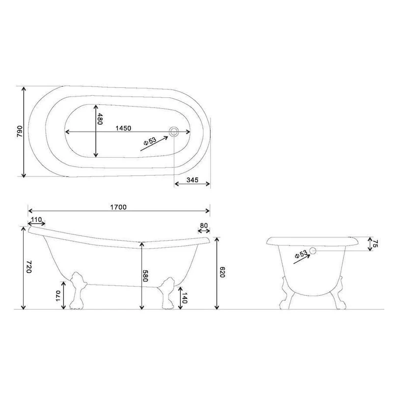 Freistehende Gusseisen Badewanne LIVINGSTON schwarz