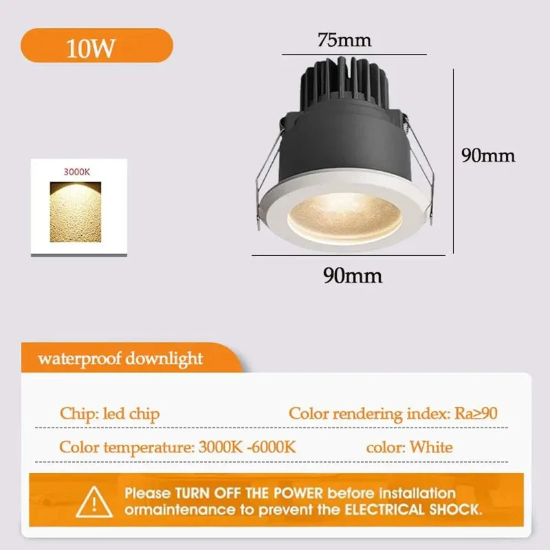 3.5 Inch Led Recessed Downlight Anti Glare Ip65 Waterproof Ceiling Light Cri90 Plus Rock Solid Aluminum Trim Kit 10W 3Cct Switchable 6000 Kelvin Wet Location Bathroom Housing