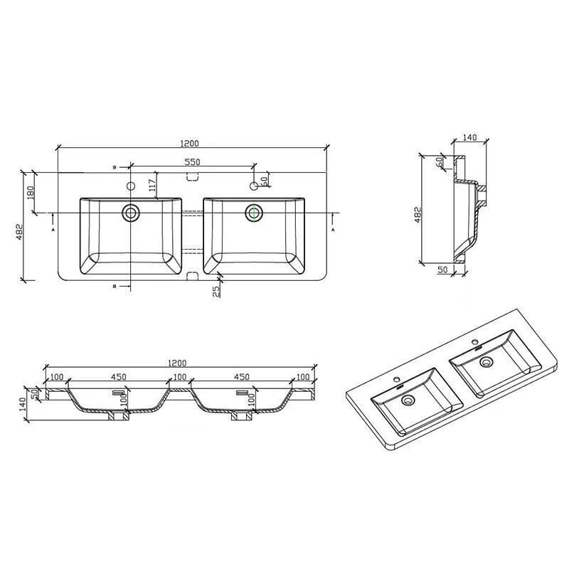 Doppelwaschtisch + Unterschrank 120cm, montiert, weiß, PIACENZA
